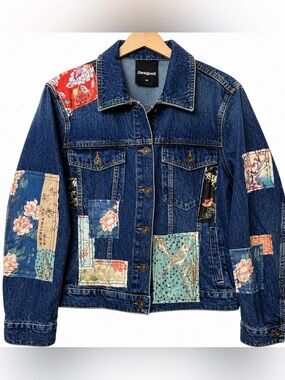 Desigual Floral Patchwork Denim Jacket Art To Wear Boho Jean Jacket L/XL